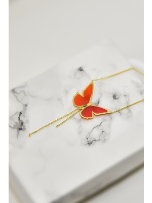 PremiumPort 925 Ayar Gümüş Ebruli Cam Boyamalı Zincirli Sallantılı Kelebek Kolye