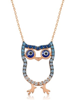 PremiumPort Renkli Nano Taşlı Gümüş Baykuş Kolye, Rose Altın Kaplama, Şık Takı