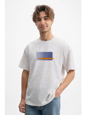 Caddekombin Erkek Cizgi Baskılı 100 Yüz Pamuk Bisiklet Yaka Gri T-Shirt