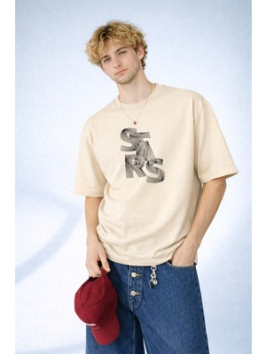 Caddekombin Erkek Stars Yazılı Ip Sanatı Tasarımlı Bisiklet Yaka Bej T-Shirt