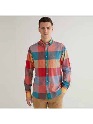 Gant Erkek Turuncu Regular Fit Düğmeli Yaka Kareli Gömlek