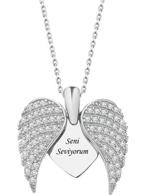 PremiumPort Sevgi Dolu Gümüş Kanatlı Açılır Kapanabilir Kolye