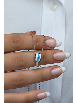 PremiumPort 925 Ayar Gümüş Mavi Beyaz Mineli 3 Boyutlu Balon Kolye