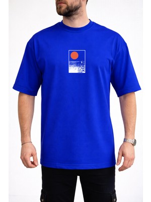 Caddekombin Erkek Yükselen Güneş ve Deniz Dalgalı Saks Mavi T-Shirt