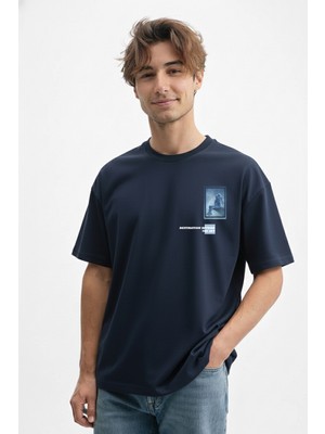 Caddekombin Erkek Özel Tasarım 100 Yüz Pamuk Bisiklet Yaka Lacivert T-Shirt