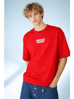 Caddekombin Erkek Dream Glow Baskılı Modern Sokak Stili Kırmızı T-Shirt