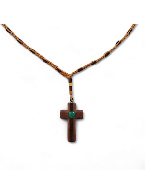 Hedea Tik Ağacı El Örgü Handmade Doğaltaşlı Haç Yeşim