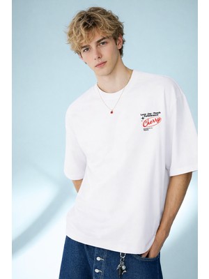 Caddekombin Erkek Cherry Tipografi  Baskılı Bisiklet Yaka Beyaz T-Shirt
