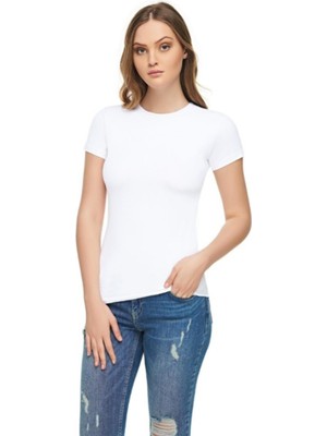 Elit Kadın Beyaz Sıfır Yaka Likralı Kısa Kol T-Shirt-Beyaz-Xl
