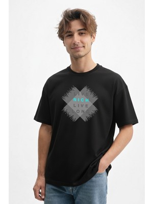 Caddekombin Erkek Live Rich Live Long Yazı Baskılı 100 Yüz Pamuk Siyah T-Shirt