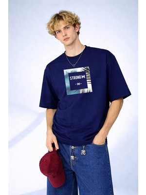 Caddekombin Erkek Strong Baskılı Deniz Dalgası ve Palmiye Desenli Lacivert T-Shirt