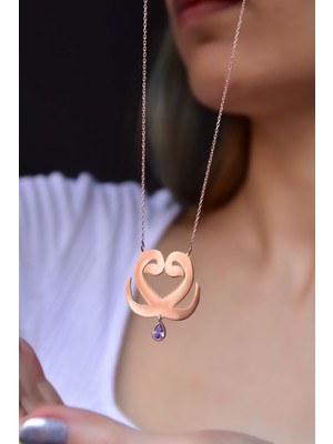 PremiumPort Rose Kaplama Ikili Vav Kolye, Lila Taşlı, Şık ve Zarif Takı Seti