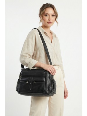 Byhakan 514 Yerli Yıkama Deri Kadın Omuz Çanta Kadın Çapraz Çanta Siyah