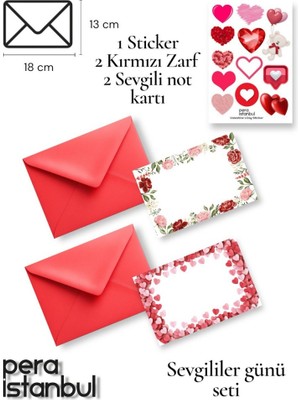 Pera İstanbul 2 Adet Kırmızı 13X18 Zarf 2 Adet Hediyelik Not Kartı 1 Adet Sticker Set Sevgililer Günü Yıl Dönümü