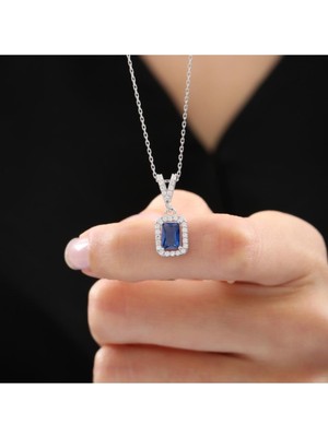 PremiumPort Parlak Gümüş Sentetik Safir Kolye, Şıklık ve Zarafet Için Ideal