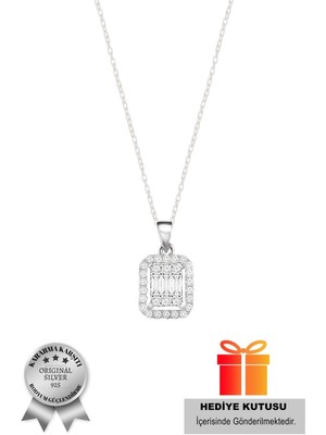PremiumPort 925 Ayar Gümüş Rodyum Kaplama 3 Taş Baget Kolye, Özel Kutulu