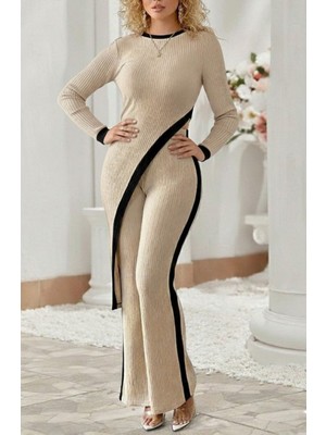 Stelol Kadın Uzun Kollu Bisiklet Yaka Asimetrik Kesim Bluz Şardonlu Kaşkorse Bluz ve Pantolon Ikili Takım