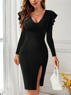 Stelol Kadın Uzun Kollu V Yakalı Yandan Yırtmaçlı Midi Ithal Krep Elbise