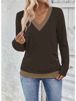 Stelol Kadın Uzun Kollu V Yakalı Yandan Düğmeli Yün Viskon Bluz