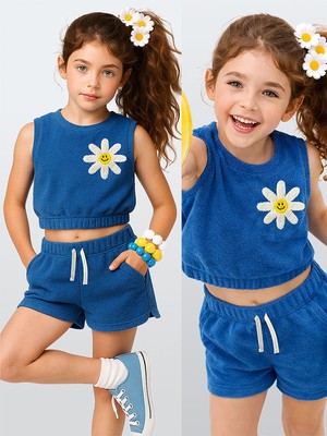 Denokids Kız Çocuk Takım Papatya Çiçekli Havlu Kumaş Crop Top Şort Takım Ilkbahar Yaz 4-10 Yaş