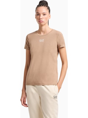 Kadın Normal Kesim Esnek Pamuklu Kumaş Yuvarlak Yaka Ea7 Logolu Kısa Kollu Vizon T-Shirt 7W000072 AF12115-U6097