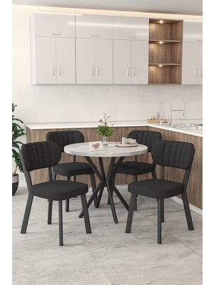 Mygusi Gnr 90CM Sabit Beyaz Mutfak Masası Takımı, Yemek Masası, 4 Modern Siyah Sandalye