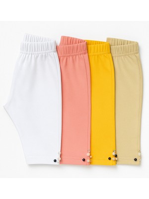 Mini Kanka Kız Çocuk 4’lü Tayt Seti – Beyaz, Pembe, Sarı & Bej, Boncuk Detaylı, Diz Altı Boy