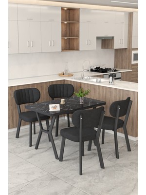 Mygusi Gnr 70X110CM Sabit Siyah Mutfak Masası Takımı, Yemek Masası, 4 Modern Siyah Sandalye