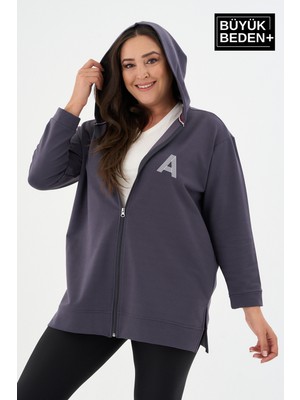 Superlife Kadın Tunik Büyük Beden A Baskılı Fermuarlı Kapşonlu Sweat Hırka SPR26BTK955-3