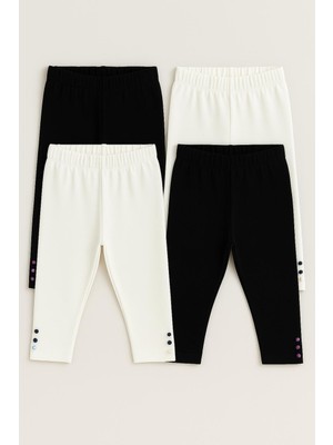 Mini Kanka Kız Çocuk 4’lü Tayt Seti – Siyah & Beyaz, Boncuk Detaylı, Diz Altı Boy