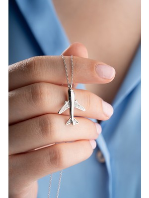 PremiumPort 925 Ayar Gümüş Rodyum Kaplama Zirkon Uçak Model Kolye