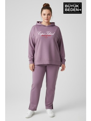 Superlife Büyük Beden Kapşonlu Capri Island Baskılı Tunik Ince Sweatshırt  SPR26BTK991-2