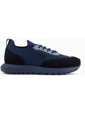 Emporio Armani Erkek Örme ve Süet Detaylı Burunlu Kartal Logolu Yuvarlak Mavi Sneaker EM003739 AF19724-MC038