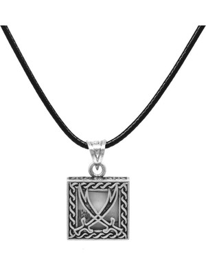 PremiumPort Özel Tasarım Zülfikar Detaylı Siyah Ip Zincirli 925 Ayar Gümüş Erkek Kolye