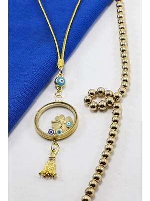 Biuti Püsküllü Gold Renkli Nazarlı Çelik Çerçeveli Yoncalı Açılabilir Fanus Model Dikiz Ayna Süsü