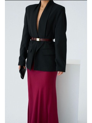 Kadın Şal Yaka Blazer Ceket – Leopar Astarlı, Siyah