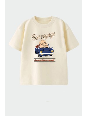 Monila Erkek Çocuk Bej Pamuklu Baskılı Bisiklet Yaka T-Shirt