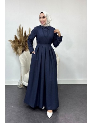 Tesettür Diyarı Içi Gömlekli Pileli Jile Elbise-Lacivert