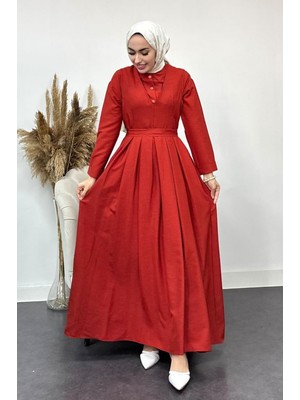 Tesettür Diyarı Içi Gömlekli Pileli Jile Elbise-Turuncu