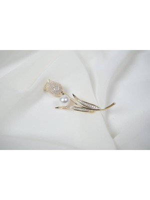 Atelier Tuğba BRŞ026 Inci Detaylı Çiçek Broş Gold