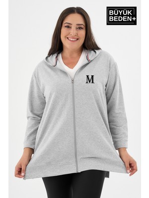Superlife Kadın Tunik Büyük Beden M Baskılı Fermuarlı Kapşonlu Sweat Hırka SPR26BTK955-4