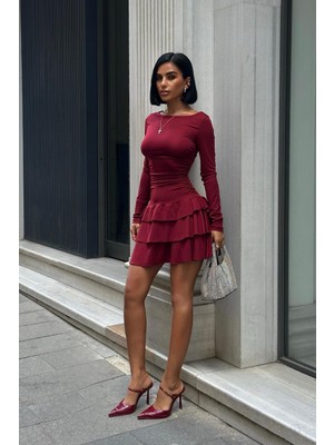 Les Séduisantes C.A. Dalgıç Kumaş Eteği Katlı Vücudu Saran Volanlı Mini Elbise