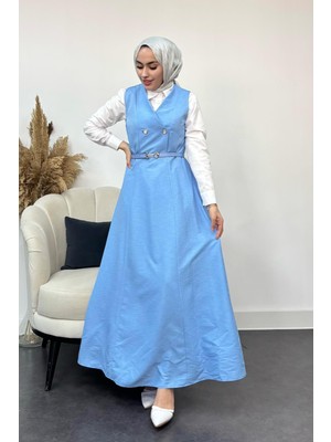Tesettür Diyarı Kadın  Düğme Detaylı Jile Elbise-Bebe Mavisi