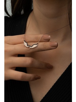 PremiumPort Şık Kanat Kolye, Siyah Nano Zirkon Taşlı, Rose Gold Kaplama, 925 Ayar Gümüş