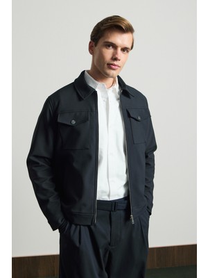 Danger Erkek Standart Kalıp Gömlek Yaka Ceket Lacivert