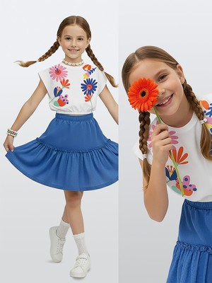Denokids Kız Çocuk Takım Çiçekli Crop Top Etek Takım Ilkbahar Yaz 4-10 Yaş