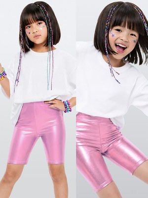 Denokids Kız Çocuk Tayt Pembe Parlak Metalik Disco Tayt Dizüstü Varak Kumaş