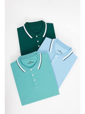 Tudors Erkek 3'lü Paket Turkuaz-Açık Mavi-Yeşil Slim Fit Dar Kesim Pamuklu Düz Pike Polo Yaka Tişört