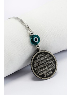 Biuti Yeşil Nazarlı Siyah 316L Paslanmaz Çelik Ayetel Kürsi / Felak Nas Ihlas Araba Dikiz Ayna Süsü