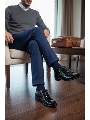 Enoch Erkek Hakiki Deri Siyah Klasik Ayakkabı Parlak Rugan Saya ve Ince Maskülen Kesimli Bağcıklı Model